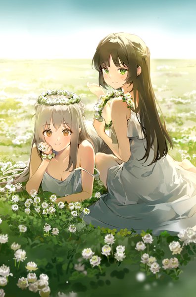 Anime picture 1400x2122 with original anmi long hair tall image looking at viewer blush fringe breasts brown hair sitting bare shoulders multiple girls holding brown eyes green eyes sky outdoors lying grey hair turning head