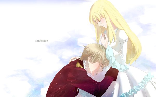 Anime picture 1195x748 with aldnoah.zero a-1 pictures slaine troyard asseylum vers allusia ado002 long hair fringe short hair simple background blonde hair standing holding upper body eyes closed head tilt profile inscription wide sleeves puffy sleeves couple
