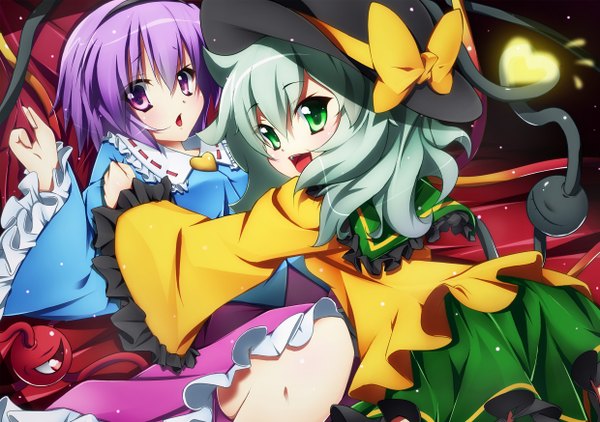 Anime picture 2480x1748 with touhou komeiji koishi komeiji satori akishisu (air balance) highres short hair open mouth smile purple eyes multiple girls green eyes purple hair green hair girl dress bow 2 girls hat