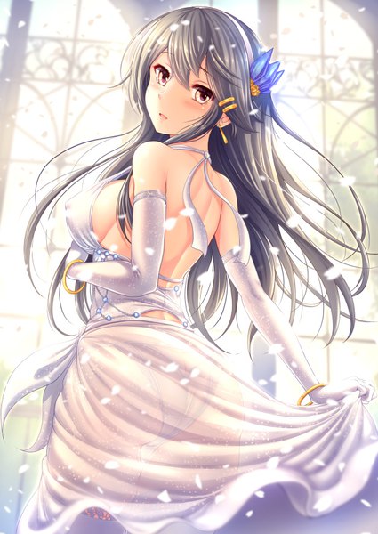 Anime picture 627x885 with kantai collection haruna battleship ryu-akt single long hair tall image looking at viewer blush fringe breasts open mouth light erotic black hair hair between eyes standing bare shoulders holding yellow eyes payot indoors
