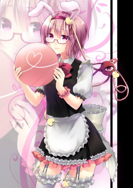 Anime picture 1000x1412 with touhou komeiji satori hijiri-ssh single tall image short hair standing purple eyes pink hair maid bunny ears zoom layer bespectacled heart of string girl glasses frills heart apron eyeball