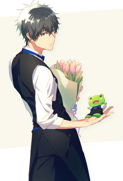 Anime picture 600x877 with idolmaster idolmaster side-m takajou kyouji kaerre map (map imas) single tall image fringe short hair blue eyes black hair simple background hair between eyes white background waiter boy flower (flowers) toy stuffed animal vest