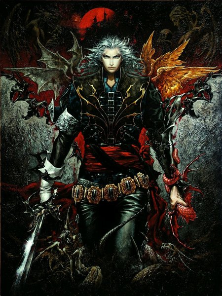 Anime-Bild 850x1134 mit castlevania castlevania: curse of darkness konami hector kojima ayami single long hair tall image looking at viewer short hair blonde hair standing bat wings vampire angel demon red moon boy gloves weapon