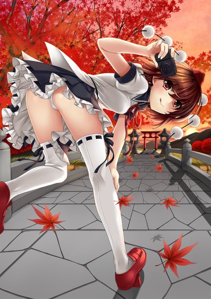 Anime picture 1500x2122 with touhou shameimaru aya french maid tall image looking at viewer short hair light erotic smile red eyes brown hair pantyshot girl thighhighs dress underwear panties plant (plants) hat white thighhighs tree (trees)