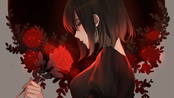 Anime picture 1520x861 with original e7 (runaway162) single looking at viewer fringe short hair brown hair wide image standing holding brown eyes parted lips profile grey background puffy sleeves cropped girl dress flower (flowers) black dress