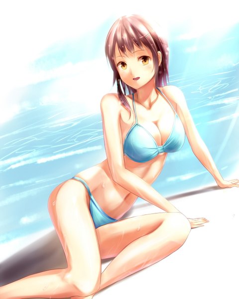 Anime picture 1024x1280 with original sakura ani single tall image short hair brown hair orange eyes beach girl swimsuit bikini sea