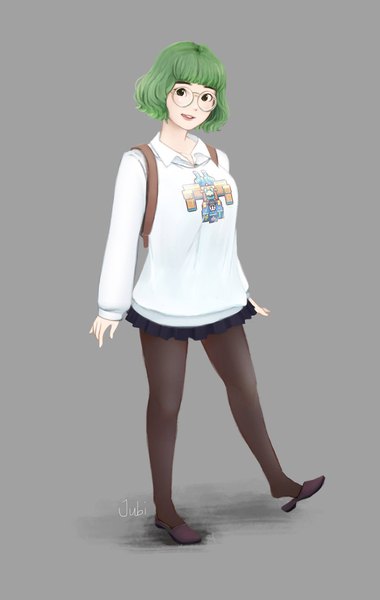 Anime-Bild 1299x2048 mit original momo (jubi) jubi (regiana) single tall image looking at viewer fringe short hair open mouth simple background standing green eyes signed full body blunt bangs long sleeves green hair realistic grey background standing on one leg