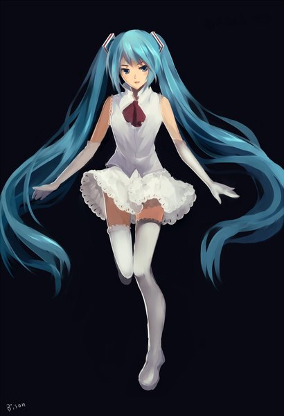 Anime picture 1367x2000 with vocaloid hatsune miku bison cangshu single long hair tall image looking at viewer fringe open mouth blue eyes simple background twintails signed inscription alternate costume black background girl skirt gloves shirt