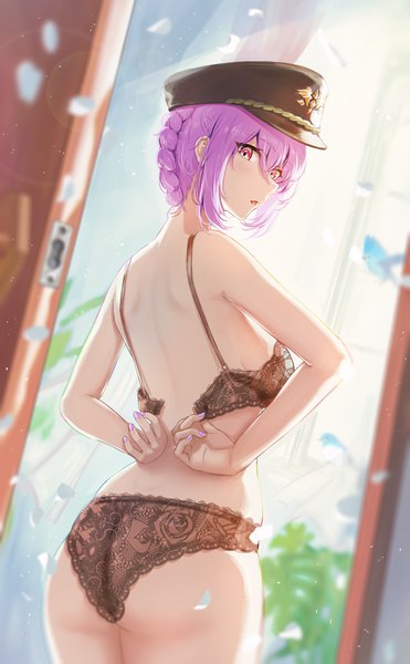 Anime picture 1500x2427 with original sauvignon single tall image looking at viewer blush fringe short hair breasts open mouth light erotic hair between eyes red eyes large breasts standing payot purple hair ass indoors braid (braids)