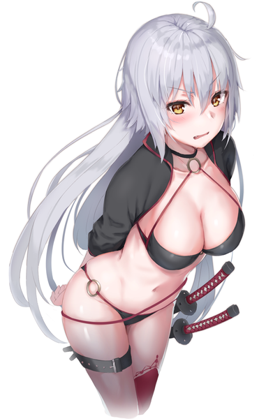 Anime picture 1108x1700 with fate (series) fate/grand order jeanne d'arc (fate) (all) jeanne d'arc alter (fate) jeanne d'arc alter (swimsuit berserker) (fate) reinama single long hair tall image looking at viewer blush fringe breasts open mouth light erotic simple background hair between eyes large breasts standing yellow eyes