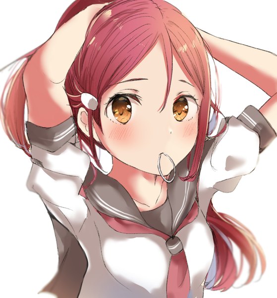 Anime picture 2480x2663 with love live! sunshine!! sunrise (studio) love live! sakurauchi riko sunya (honorin-yuunibo) single long hair tall image looking at viewer blush fringe highres simple background hair between eyes white background holding yellow eyes upper body red hair arms up