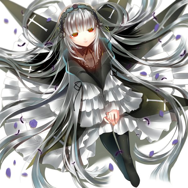 Anime picture 1000x1000 with rozen maiden suigintou yosuga ioru long hair looking at viewer red eyes silver hair from above girl dress flower (flowers) petals headdress feather (feathers)