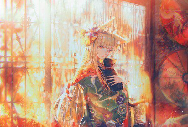 Anime picture 1296x876 with sdorica -sunset- izumi (sdorica -sunset-) say hana single long hair looking at viewer fringe blonde hair red eyes standing holding animal ears indoors blunt bangs traditional clothes japanese clothes wide sleeves slit pupils girl hair ornament