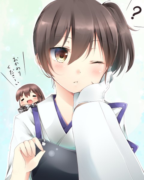 Anime picture 2000x2500 with kantai collection kaga aircraft carrier akagi aircraft carrier admiral (kantai collection) navy (navy.blue) tall image looking at viewer blush highres short hair black hair multiple girls ponytail eyes closed traditional clothes japanese clothes one eye closed wink black eyes side ponytail