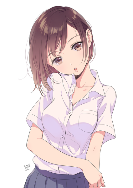 Anime picture 753x1063 with original morikura en single tall image fringe short hair breasts open mouth simple background brown hair standing white background brown eyes signed upper body head tilt pleated skirt :o short sleeves dated