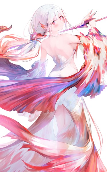 Anime picture 1111x1786 with original muike single long hair tall image looking at viewer blush fringe simple background smile hair between eyes red eyes white background holding white hair red hair head tilt looking back from behind wide sleeves