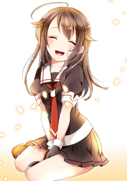 Anime picture 867x1227 with kantai collection shigure destroyer mashiro aa single long hair tall image blush open mouth simple background smile brown hair sitting ahoge hair down girl skirt gloves uniform petals serafuku