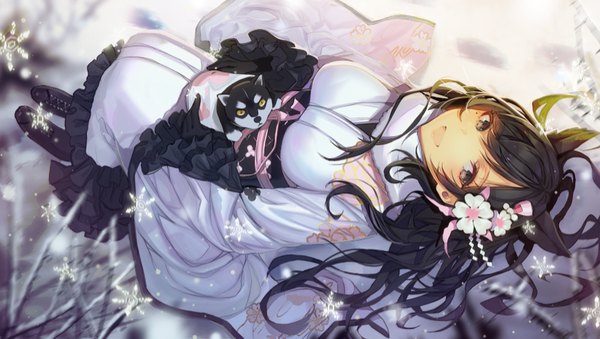 Anime picture 869x491 with azur lane atago (azur lane) atago (features of winter) (azur lane) lloule single long hair looking at viewer fringe breasts open mouth black hair smile hair between eyes wide image bent knee (knees) outdoors traditional clothes :d japanese clothes from above