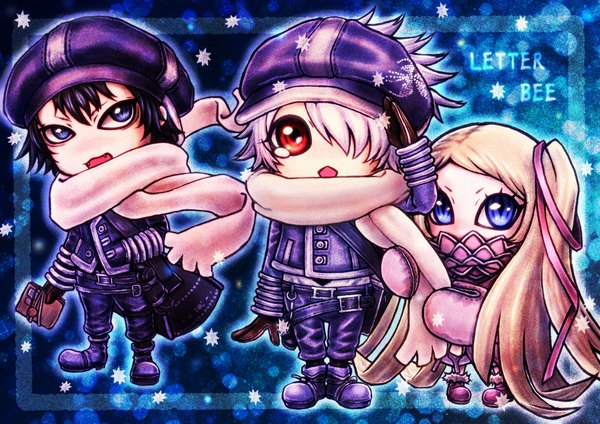 Anime picture 4093x2894 with tegami bachi lag seeing niche (tegami bachi) zazie winters surou fringe highres short hair open mouth blue eyes black hair blonde hair hair between eyes red eyes absurdres white hair very long hair chibi salute trio