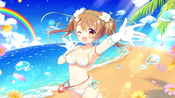 Anime picture 960x540 with virtual youtuber osa nazu channel osanai nazuna aoi yun single looking at viewer blush fringe short hair breasts open mouth light erotic smile hair between eyes brown hair wide image standing twintails bare shoulders brown eyes