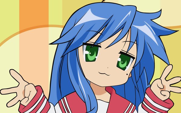 Anime picture 1920x1200 with lucky star kyoto animation izumi konata single long hair looking at viewer fringe highres hair between eyes wide image green eyes blue hair upper body mole shadow mole under eye girl star (symbol)