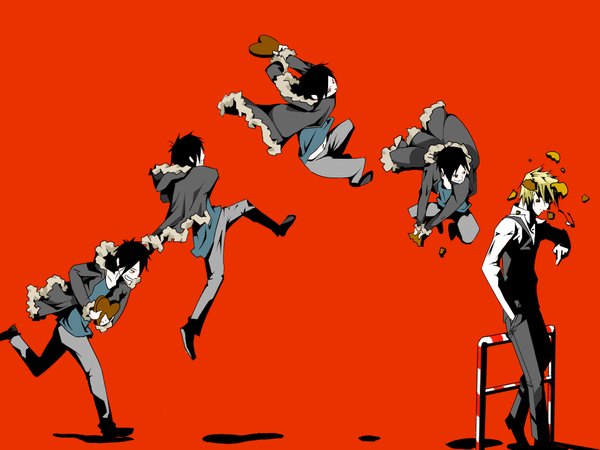 Anime picture 1024x768 with durarara!! brains base (studio) orihara izaya heiwajima shizuo pikushibuaidhy short hair black hair blonde hair simple background smile red eyes multiple boys red background jumping valentine multiple persona humor boy food jacket