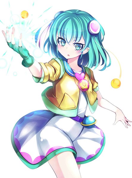 Anime picture 740x1000 with precure star twinkle precure toei animation hagoromo lala omochishiki single tall image blush fringe short hair open mouth simple background smile hair between eyes standing white background payot looking away aqua eyes aqua hair