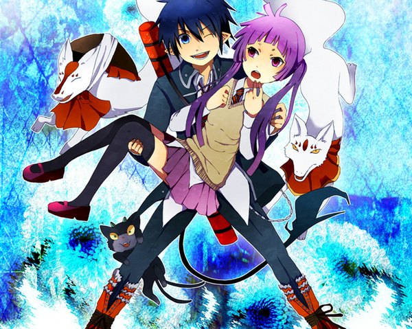 Anime picture 1024x819 with ao no exorcist a-1 pictures okumura rin kamiki izumo kuro (ao no exorcist) byakko (ao no exorcist) tagme (artist) long hair short hair open mouth blue eyes black hair purple eyes twintails yellow eyes purple hair tail one eye closed pointy ears wink