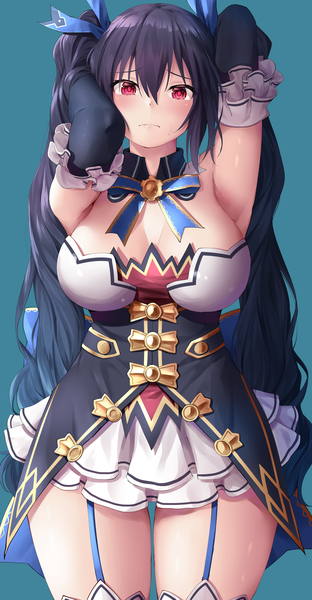 Anime picture 1300x2500 with choujigen game neptune noire oekakizuki single long hair tall image looking at viewer blush fringe breasts light erotic black hair hair between eyes red eyes large breasts twintails cleavage armpit (armpits) thigh gap blue background