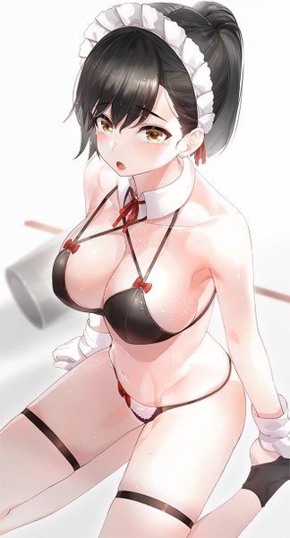 Anime picture 659x1220 with original kfr single tall image looking at viewer blush fringe short hair breasts light erotic black hair simple background hair between eyes large breasts white background sitting bare shoulders yellow eyes ponytail bare belly