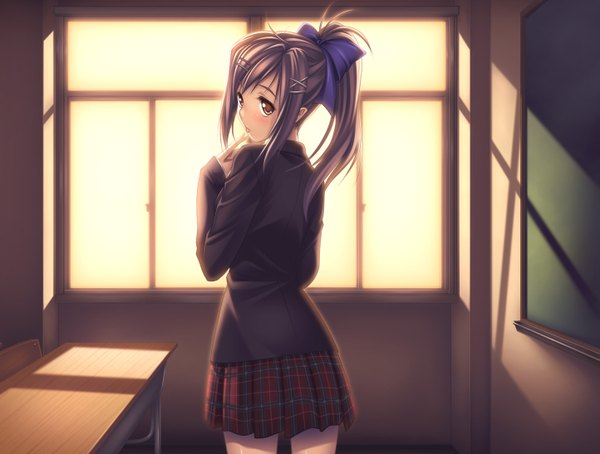 Anime picture 1443x1094 with original mikamin long hair looking at viewer blush black hair yellow eyes ponytail looking back from behind plaid skirt classroom girl skirt uniform hair ornament bow hair bow school uniform miniskirt