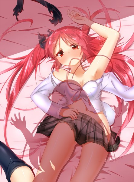 Anime picture 1200x1624 with haiyore! nyaruko-san nyaruko cthugha (nyaruko-san) bra-cky long hair tall image blush light erotic red eyes twintails holding red hair sunlight shadow armpit (armpits) embarrassed mouth hold girl skirt navel