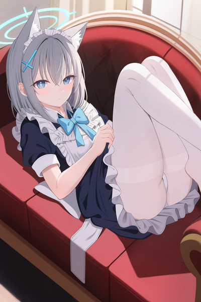 Anime picture 4000x6000 with blue archive shiroko (blue archive) hiyayo25 single tall image looking at viewer blush fringe highres short hair blue eyes light erotic hair between eyes animal ears absurdres bent knee (knees) indoors lying grey hair shadow