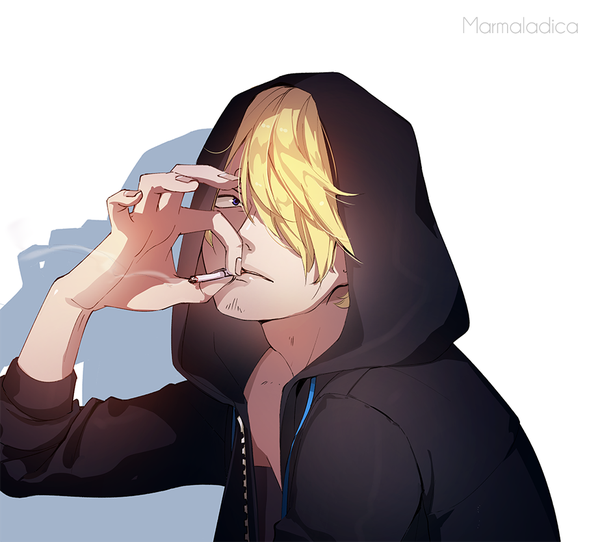 Anime picture 923x834 with one piece toei animation sanji marmalade (elfless vanilla) single fringe short hair blue eyes simple background white background signed upper body fingernails hair over one eye shadow smoking boy hood hoodie cigarette