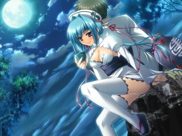 Anime picture 1024x768 with koihime musou doga kobo long hair fringe short hair light erotic smile red eyes brown hair sitting blue hair looking away night legs girl thighhighs boy ribbon (ribbons) plant (plants) white thighhighs