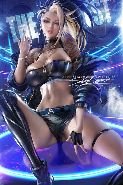 Anime picture 667x1000 with league of legends k/da (league of legends) akali (league of legends) the baddest akali sakimichan single long hair tall image looking at viewer breasts light erotic large breasts signed cleavage bent knee (knees) ponytail parted lips head tilt multicolored hair arm up