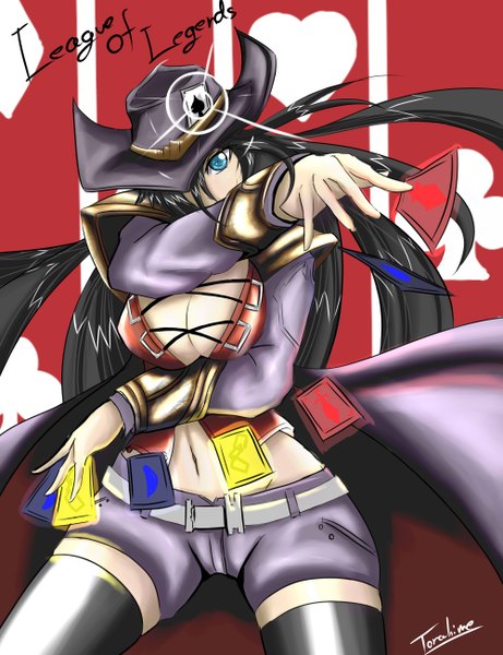Anime picture 2000x2600 with league of legends twisted fate (league of legends) torahime (roland00) single long hair tall image looking at viewer highres breasts blue eyes light erotic black hair large breasts cleavage genderswap girl thighhighs navel black thighhighs hat