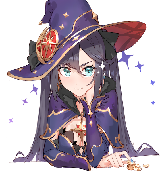 Anime picture 1426x1520 with genshin impact mona megistus xkirara39x single long hair tall image looking at viewer fringe black hair simple background smile hair between eyes white background twintails upper body aqua eyes head rest girl hat witch hat