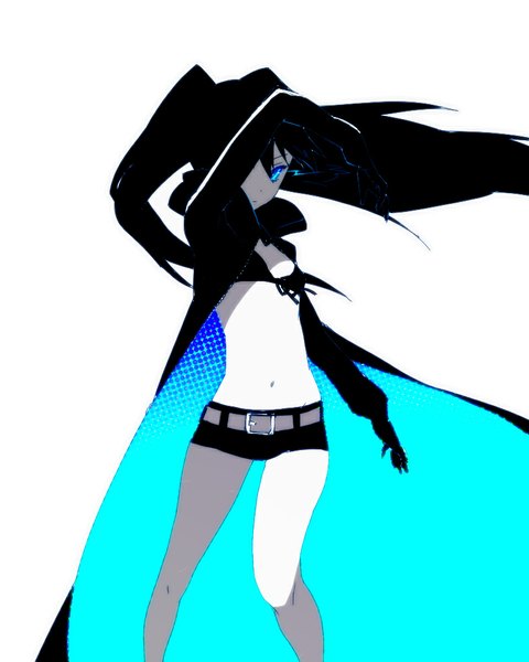 Anime picture 800x1000 with black rock shooter black rock shooter (character) egawa satsuki single long hair tall image looking at viewer fringe breasts blue eyes light erotic black hair simple background white background twintails bent knee (knees) legs glowing flat chest glowing eye (eyes)