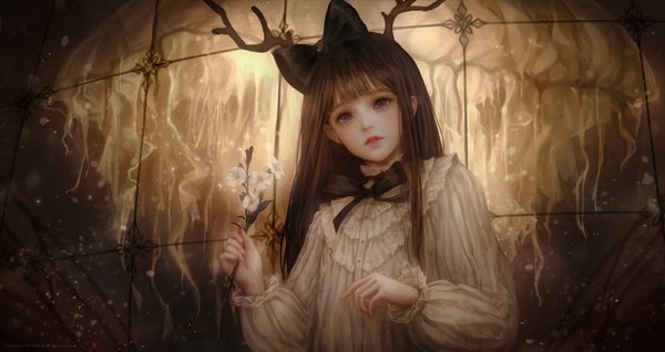 Anime picture 3914x2076 with original shale single long hair looking at viewer blush fringe highres blue eyes brown hair wide image standing holding signed payot absurdres blunt bangs long sleeves parted lips head tilt