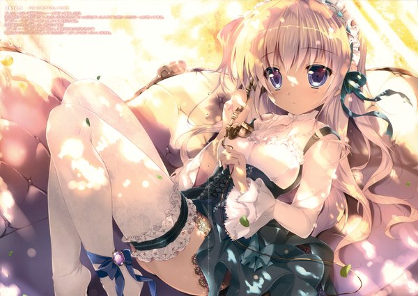 Anime picture 4793x3405 with original mikeou single long hair looking at viewer highres blue eyes blonde hair absurdres scan girl thighhighs dress white thighhighs couch lolita hairband