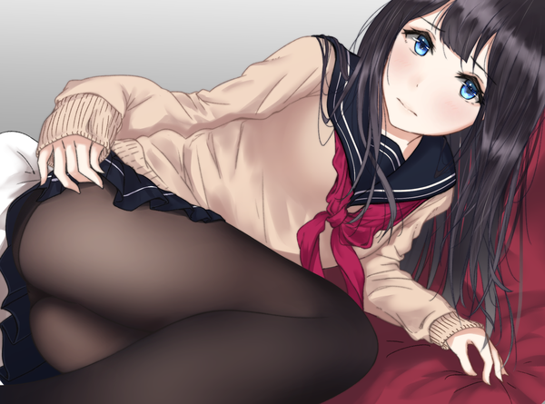 Anime picture 1937x1439 with original saitou (lynx-shrike) single long hair looking at viewer highres blue eyes light erotic black hair grey background embarrassed gradient background girl uniform school uniform pantyhose serafuku black pantyhose sweater
