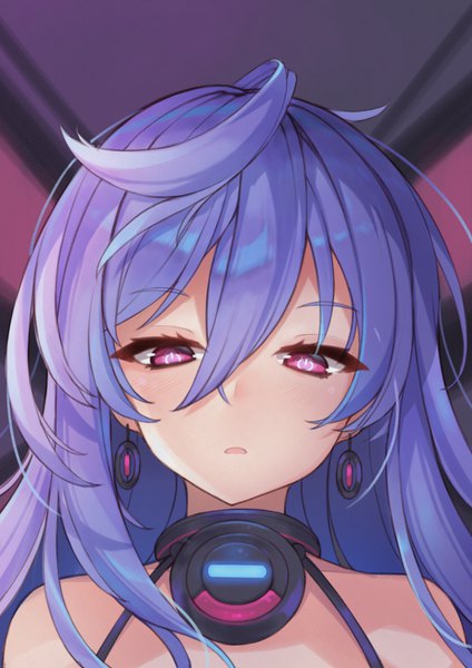 Anime picture 818x1158 with choujigen game neptune iris heart purerin single long hair tall image looking at viewer blush fringe open mouth hair between eyes bare shoulders purple hair upper body ahoge indoors pink eyes symbol-shaped pupils girl earrings