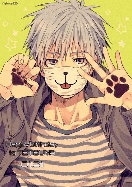 Anime picture 600x847 with kuroko no basket production i.g kuroko tetsuya mashima shima single tall image looking at viewer short hair simple background signed silver hair dated striped silver eyes happy birthday green background footprints boy star (symbol) surgical mask