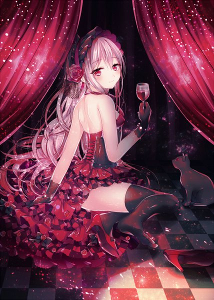 Anime picture 571x800 with original abandon ranka single long hair tall image looking at viewer blush fringe light erotic smile hair between eyes red eyes sitting holding pink hair full body bent knee (knees) high heels turning head checkered floor