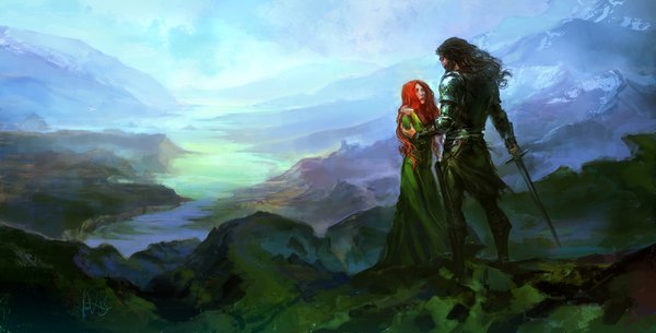 Anime picture 1680x856 with original anndr (artist) long hair black hair wide image signed sky red hair lips couple adjusting hair mountain river girl boy weapon sword armor beard