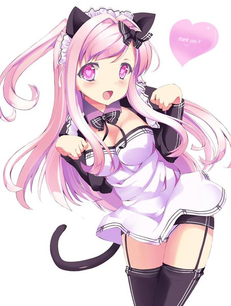 Anime picture 725x960 with original arumi (bonkiru) bonkiru single long hair tall image looking at viewer blush fringe breasts open mouth light erotic simple background white background animal ears pink hair cleavage tail long sleeves animal tail