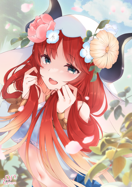 Anime picture 2508x3541 with genshin impact nilou (genshin impact) dodosako single long hair tall image looking at viewer highres open mouth blue eyes upper body red hair :d hair flower horn (horns) holding hair girl flower (flowers) veil