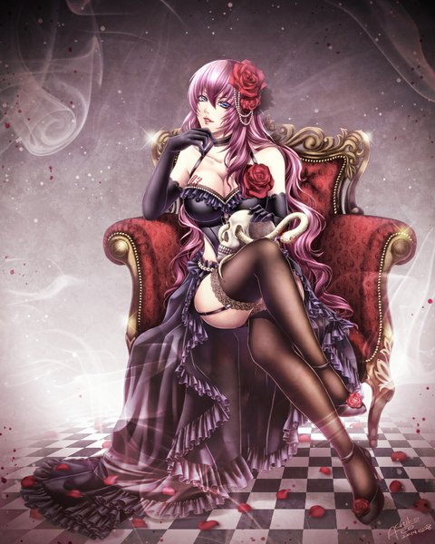 Anime picture 800x1000 with vocaloid megurine luka achikoako single long hair tall image looking at viewer blue eyes light erotic pink hair hair flower crossed legs checkered floor girl thighhighs dress gloves hair ornament flower (flowers) black thighhighs