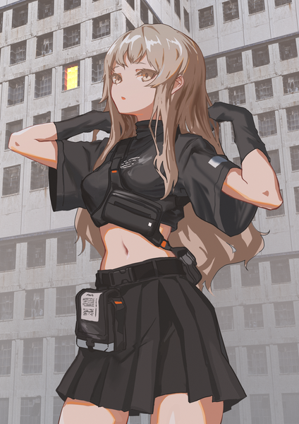 Anime picture 2480x3508 with original cancell single long hair tall image looking at viewer fringe highres breasts open mouth brown hair standing brown eyes arms up short sleeves midriff thighs girl skirt gloves